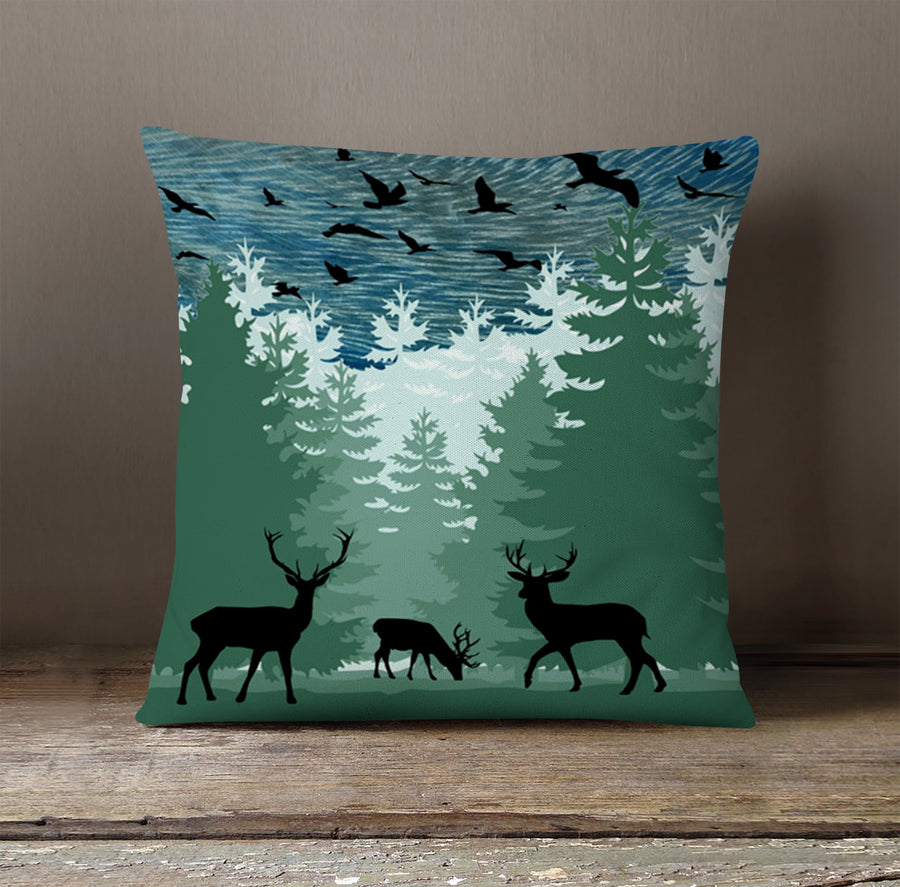 Green Forest Deer Silhouette Landscape Throw Pillow Cover