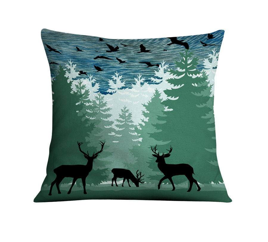 Green Forest Deer Silhouette Landscape Throw Pillow Cover
