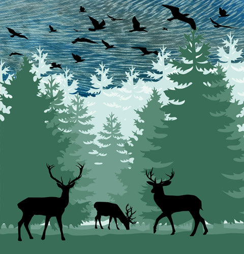 Green Forest Deer Silhouette Landscape