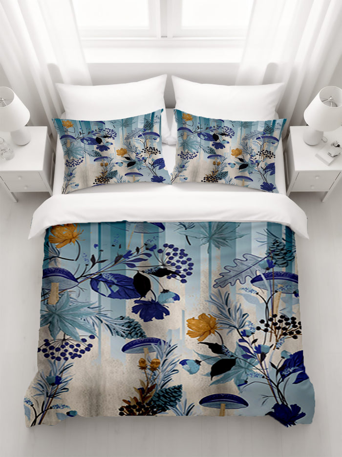 Blue Botanical Mushroom Pattern Duvet Cover