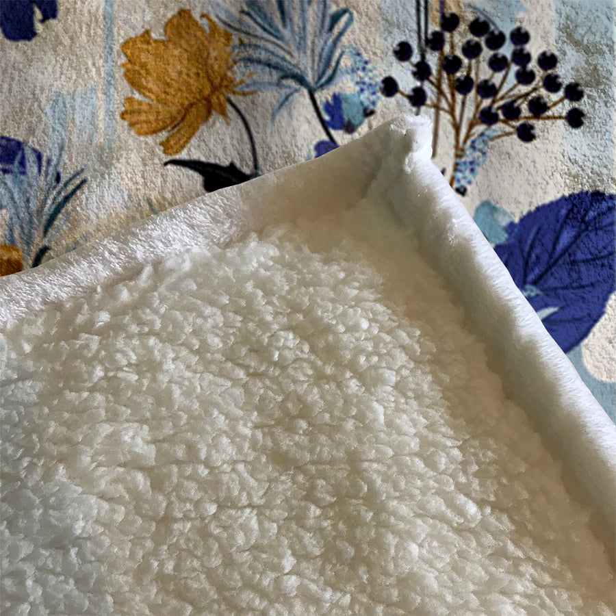 Blue Botanical Mushroom Pattern Fleece Sherpa Blanket