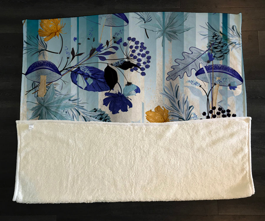 Blue Botanical Mushroom Pattern Fleece Sherpa Blanket