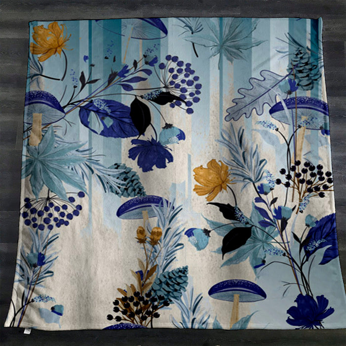Blue Botanical Mushroom Pattern Fleece Sherpa Blanket