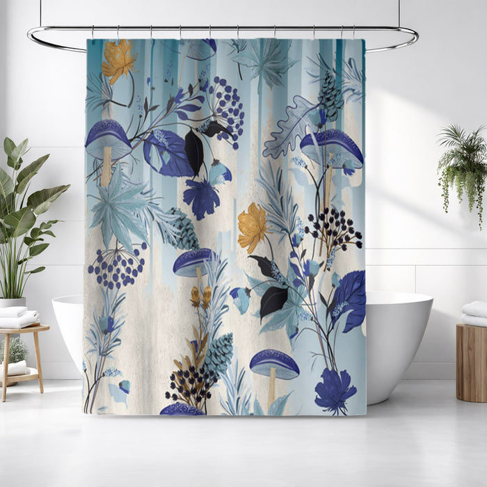 Blue Botanical Mushroom Pattern Shower Curtain