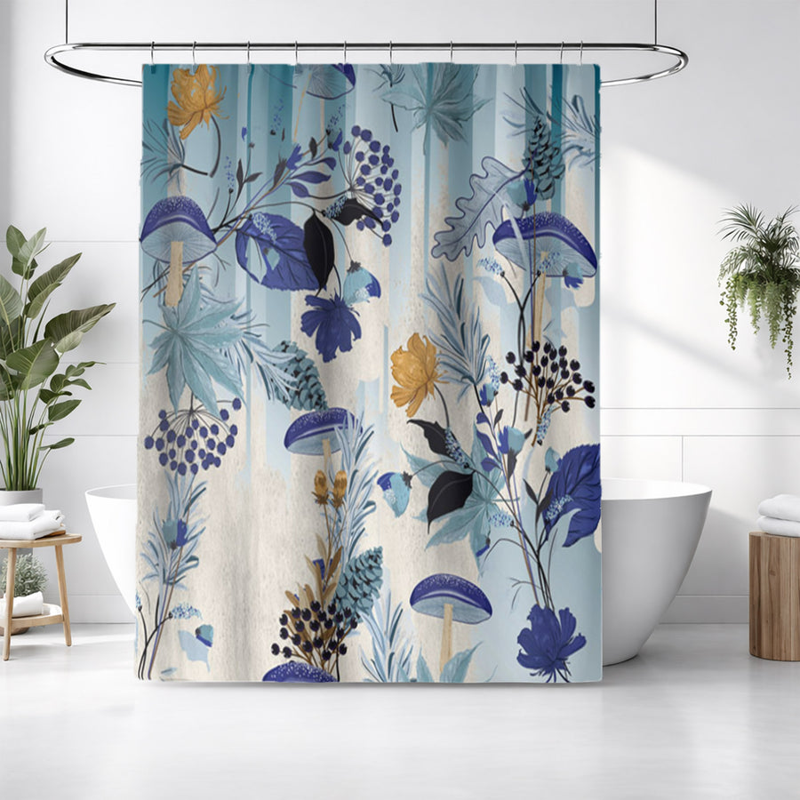 Blue Botanical Mushroom Pattern Shower Curtain