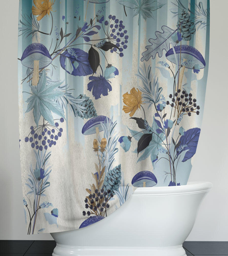 Blue Botanical Mushroom Pattern Shower Curtain