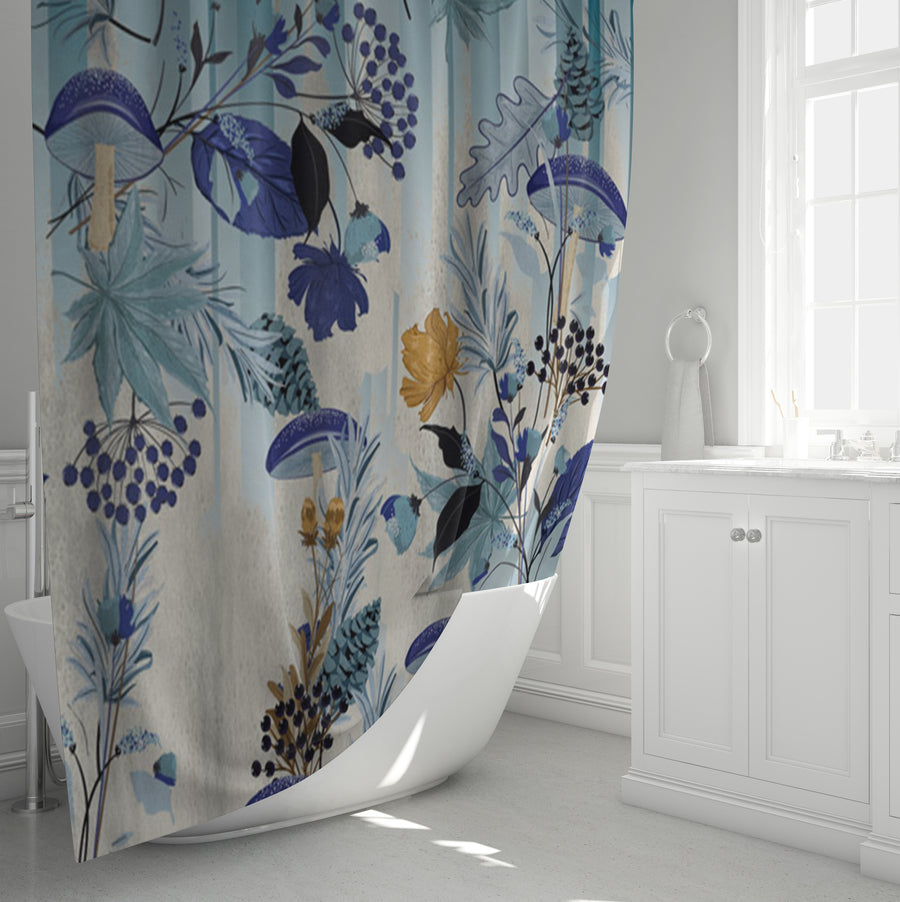 Blue Botanical Mushroom Pattern Shower Curtain
