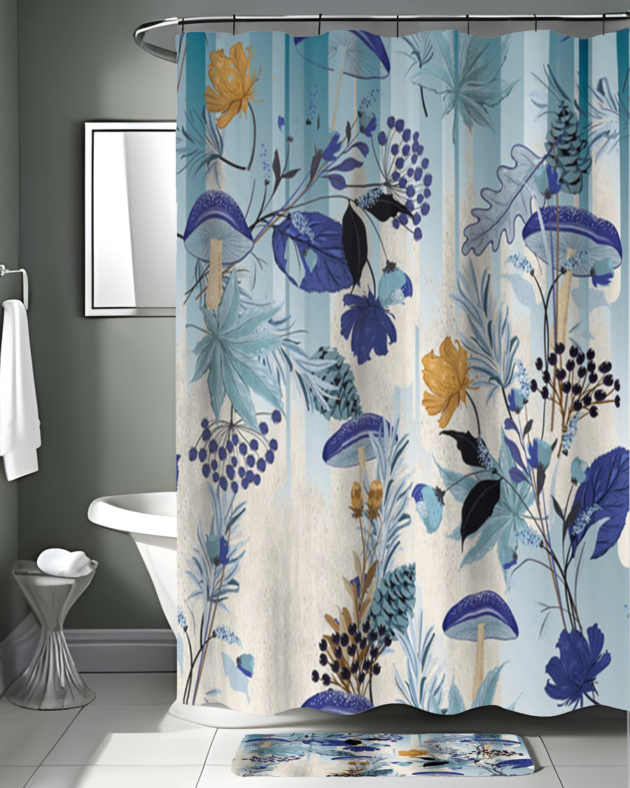 Blue Botanical Mushroom Pattern Shower Curtain