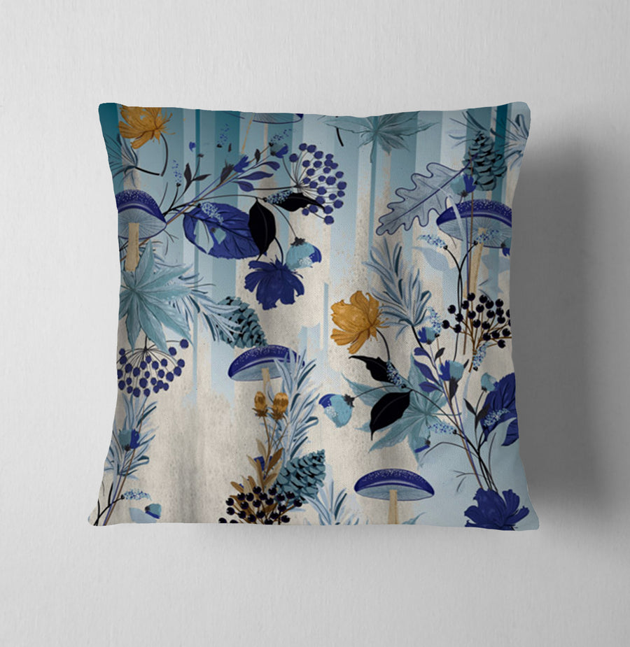 Blue Botanical Mushroom Pattern Throw Pillow Cover
