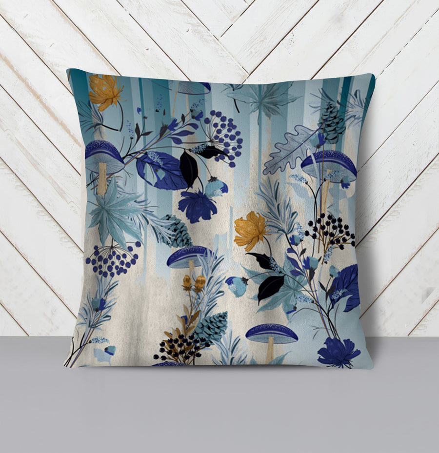 Blue Botanical Mushroom Pattern Throw Pillow Cover
