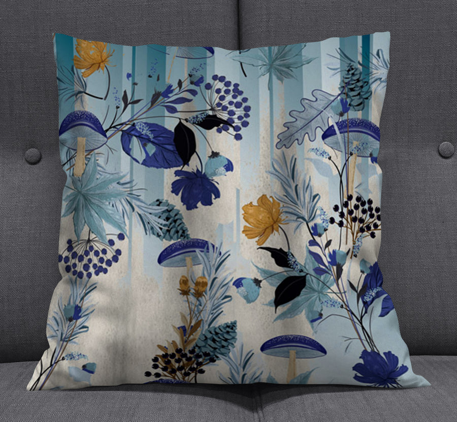 Blue Botanical Mushroom Pattern Throw Pillow Cover