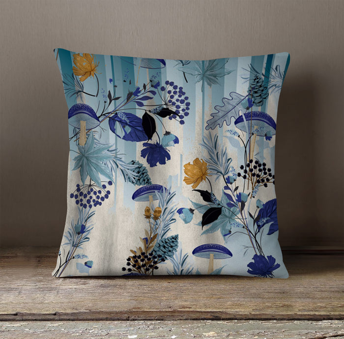 Blue Botanical Mushroom Pattern Throw Pillow Cover