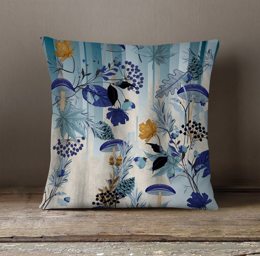 Blue Botanical Mushroom Pattern Throw Pillow Cover