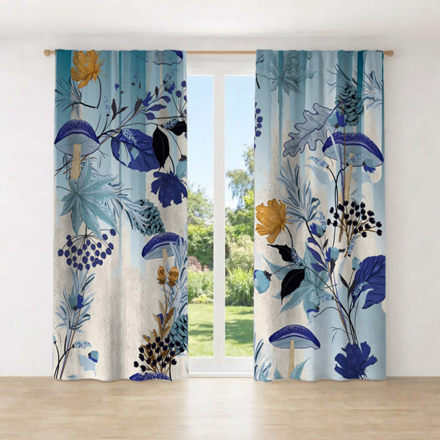 Blue Botanical Mushroom Pattern Window Curtains