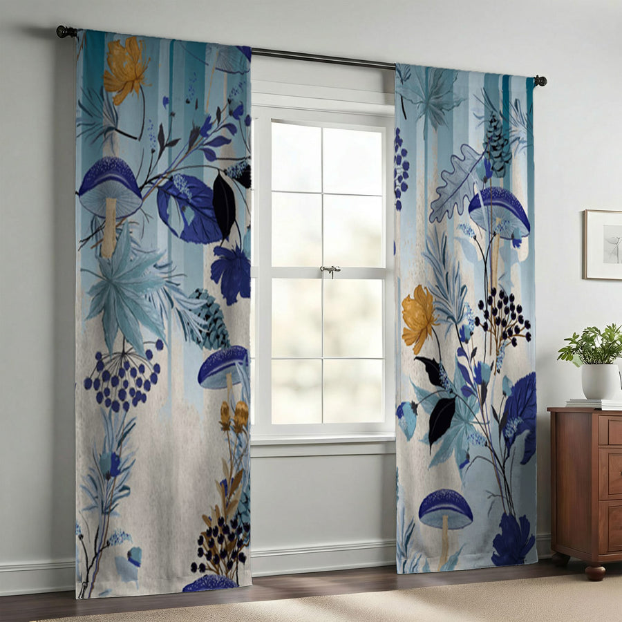Blue Botanical Mushroom Pattern Window Curtains