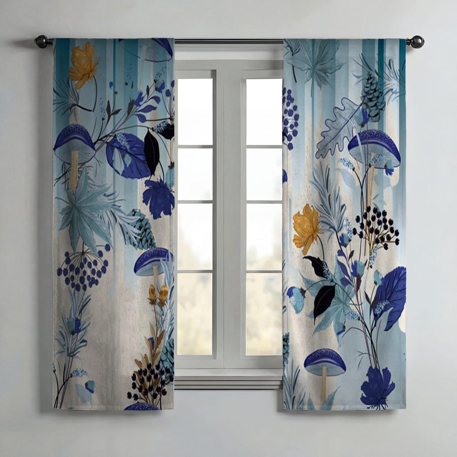 Blue Botanical Mushroom Pattern Window Curtains