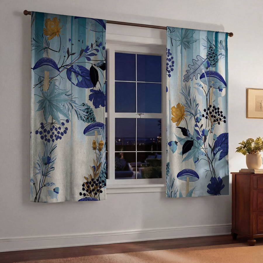 Blue Botanical Mushroom Pattern Window Curtains