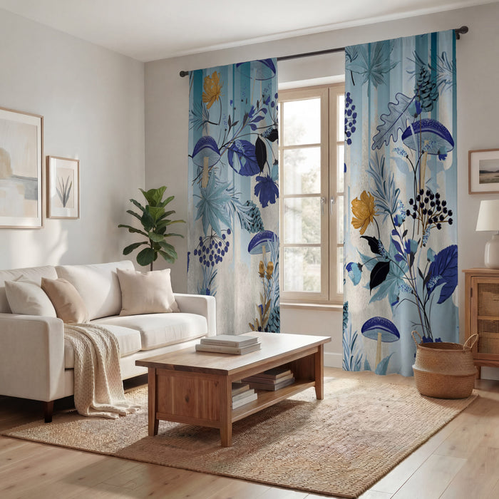 Blue Botanical Mushroom Pattern Window Curtains