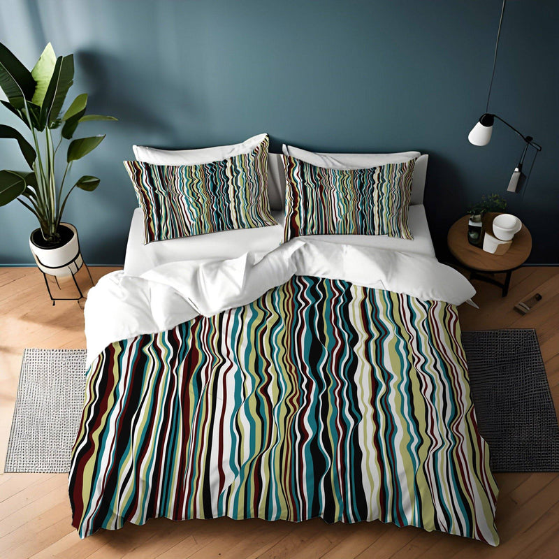 Green Wavy Abstract Stripe Comforter or Duvet Cover | Twin, Queen, King Size - Deja Blue Studios