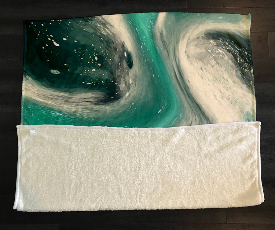 Teal and Beige Marble Swirl Pattern Fleece Sherpa Blanket
