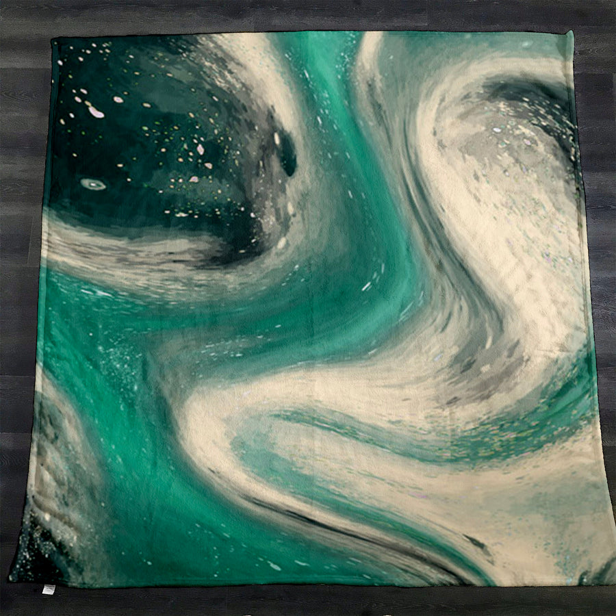 Teal and Beige Marble Swirl Pattern Fleece Sherpa Blanket