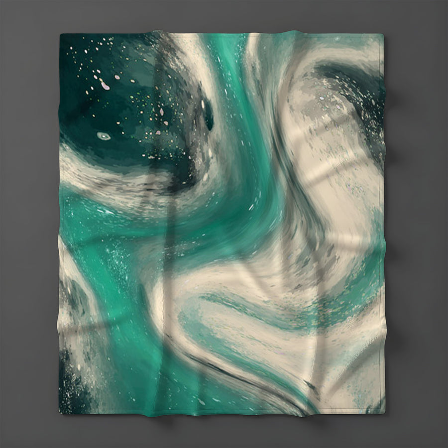 Teal and Beige Marble Swirl Pattern Fleece Sherpa Blanket