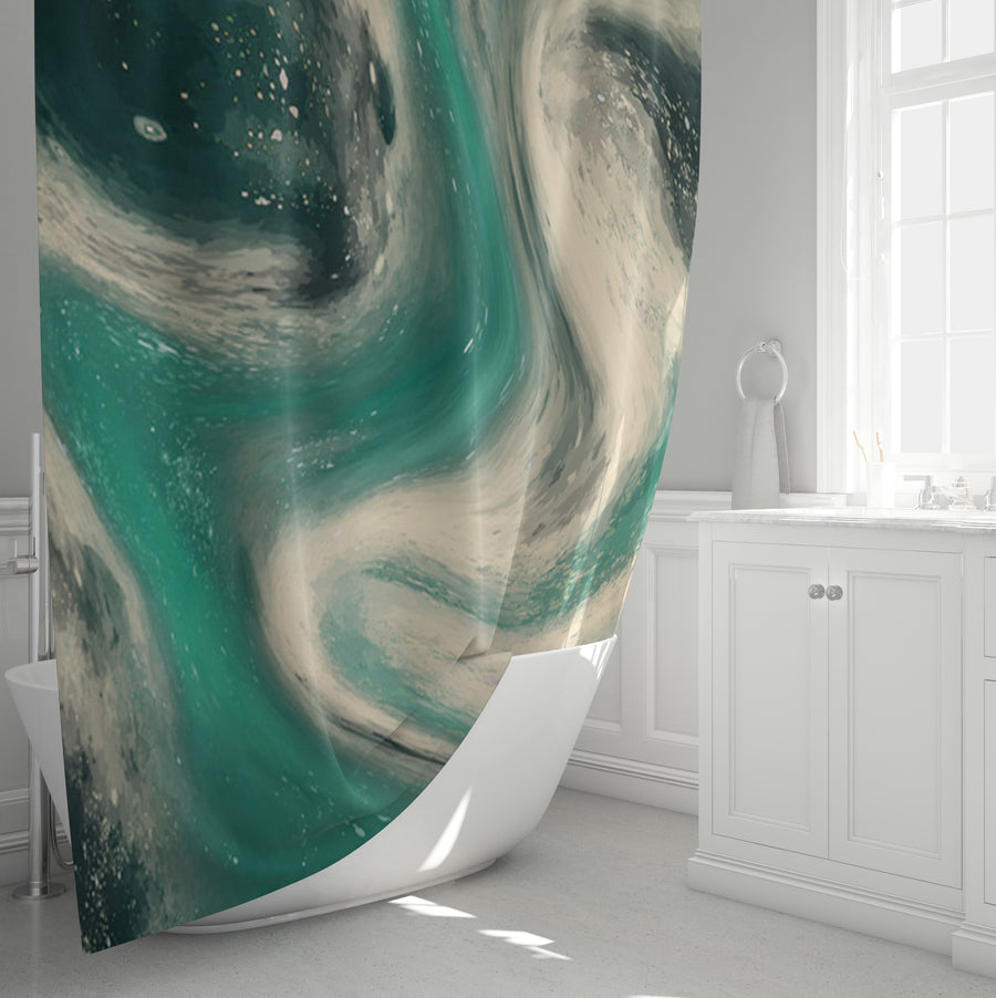 Teal and Beige Marble Swirl Pattern Shower Curtain