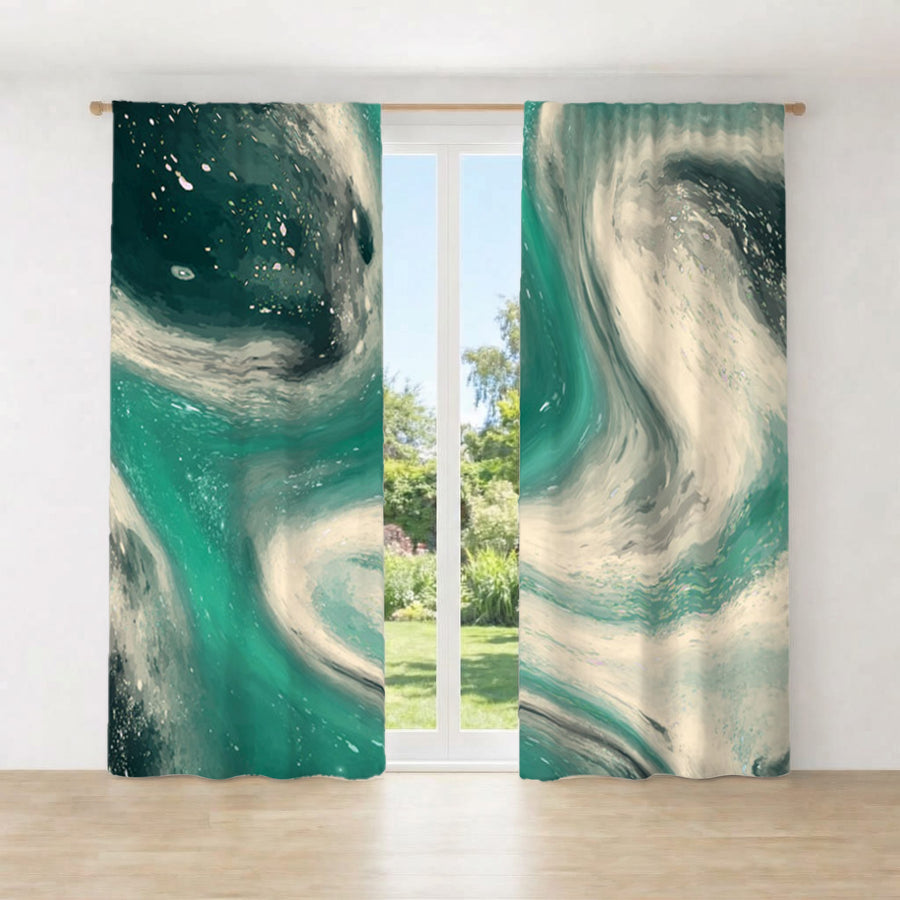 Teal and Beige Marble Swirl Pattern Window Curtains