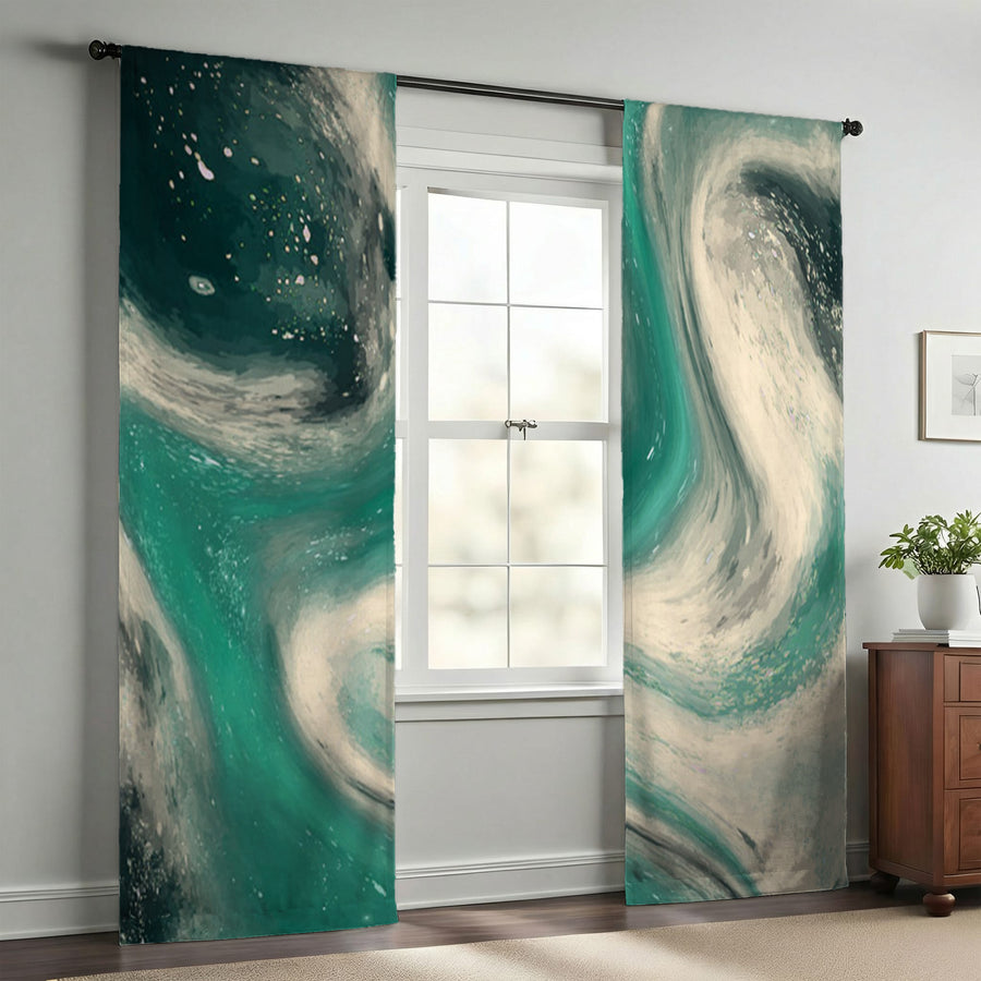 Teal and Beige Marble Swirl Pattern Window Curtains
