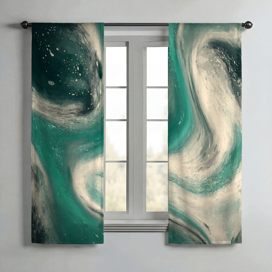 Teal and Beige Marble Swirl Pattern Window Curtains