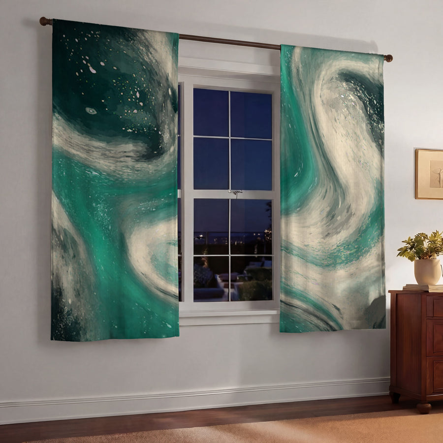Teal and Beige Marble Swirl Pattern Window Curtains