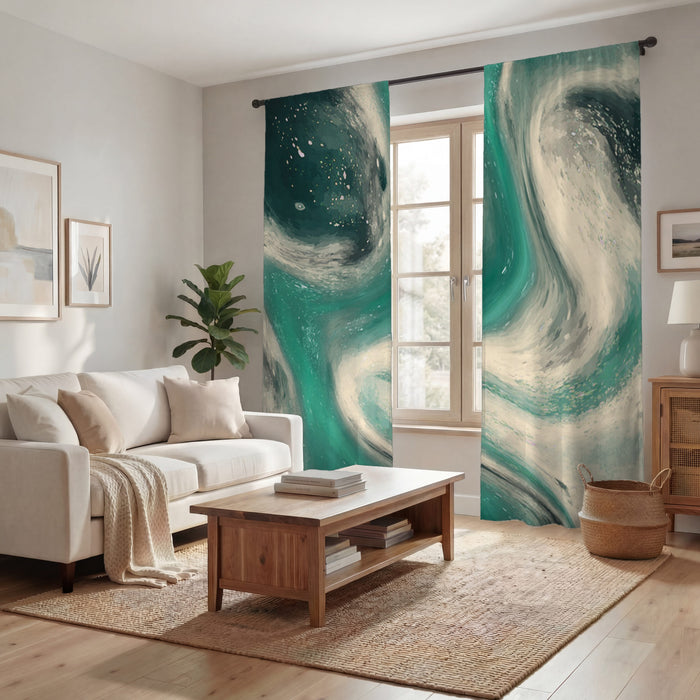Teal and Beige Marble Swirl Pattern Window Curtains