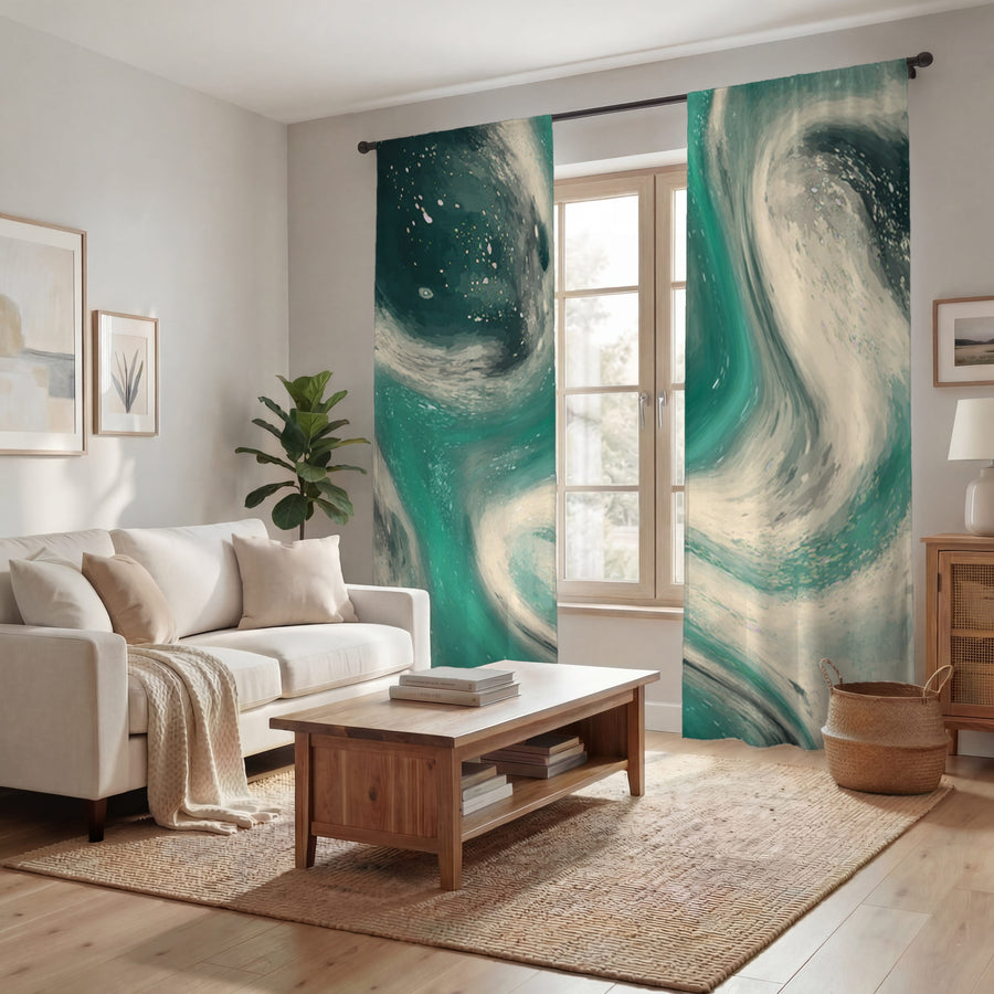 Teal and Beige Marble Swirl Pattern Window Curtains