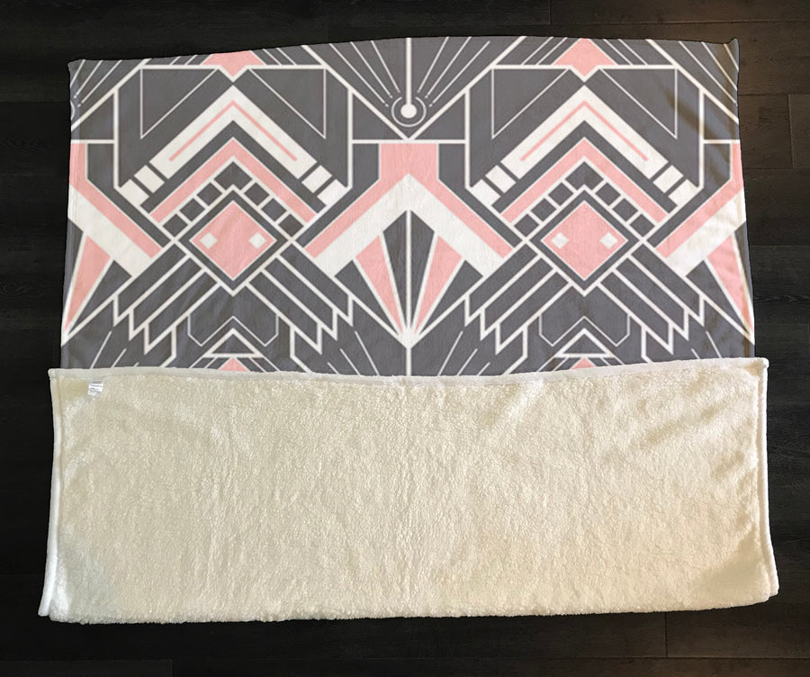 Gray and Pink Geometric Tile Pattern Fleece Sherpa Blanket