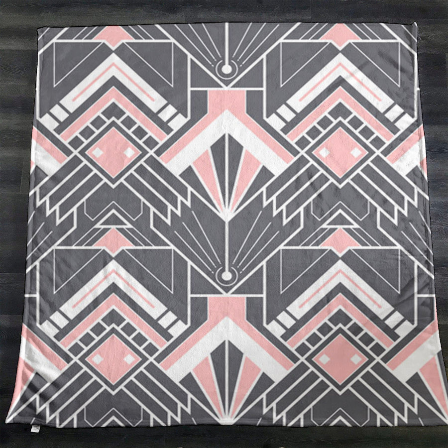 Gray and Pink Geometric Tile Pattern Fleece Sherpa Blanket