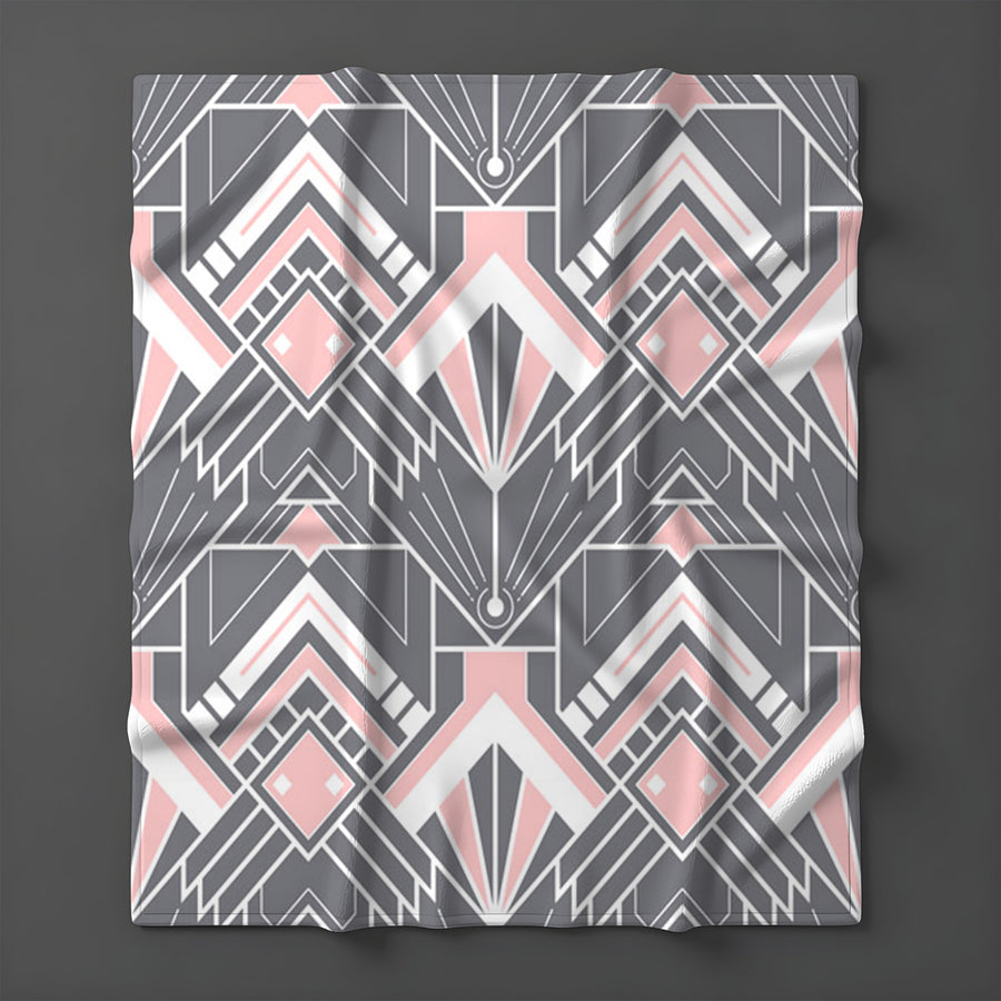 Gray and Pink Geometric Tile Pattern Fleece Sherpa Blanket
