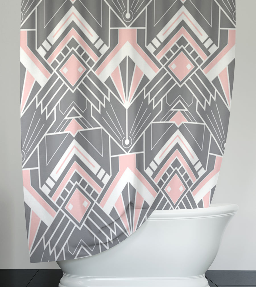 Gray and Pink Geometric Tile Pattern Shower Curtain