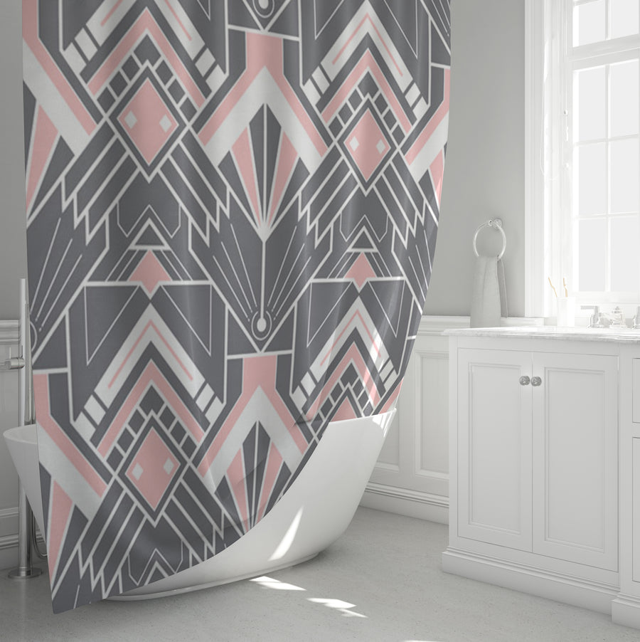 Gray and Pink Geometric Tile Pattern Shower Curtain
