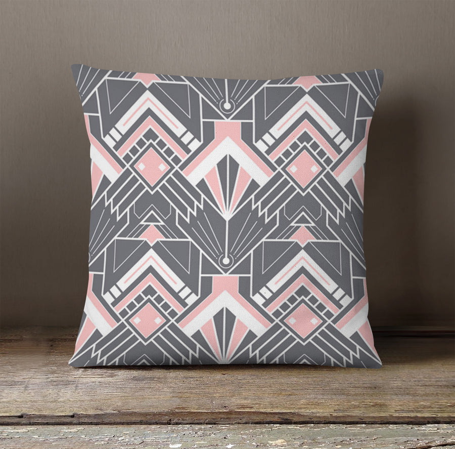 Gray and Pink Geometric Tile Pattern Throw Pillow Cover