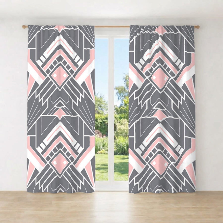 Gray and Pink Geometric Tile Pattern Window Curtains