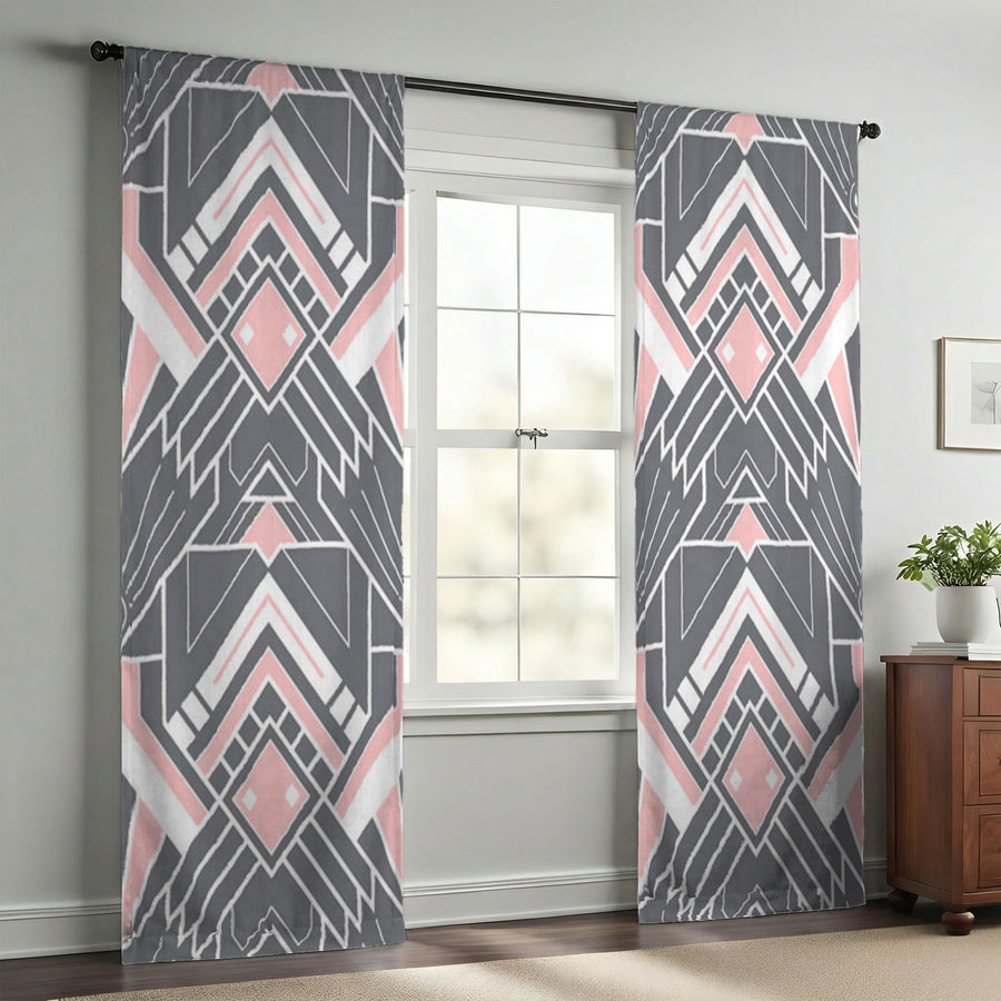 Gray and Pink Geometric Tile Pattern Window Curtains