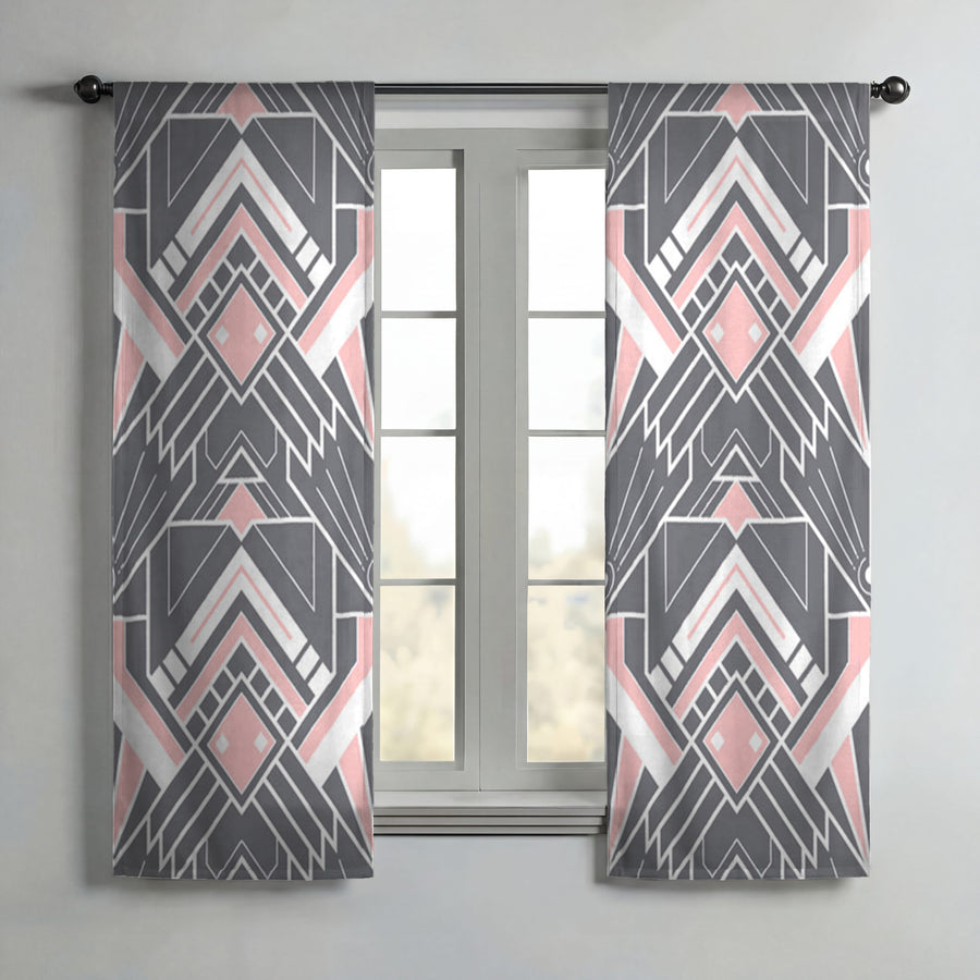 Gray and Pink Geometric Tile Pattern Window Curtains