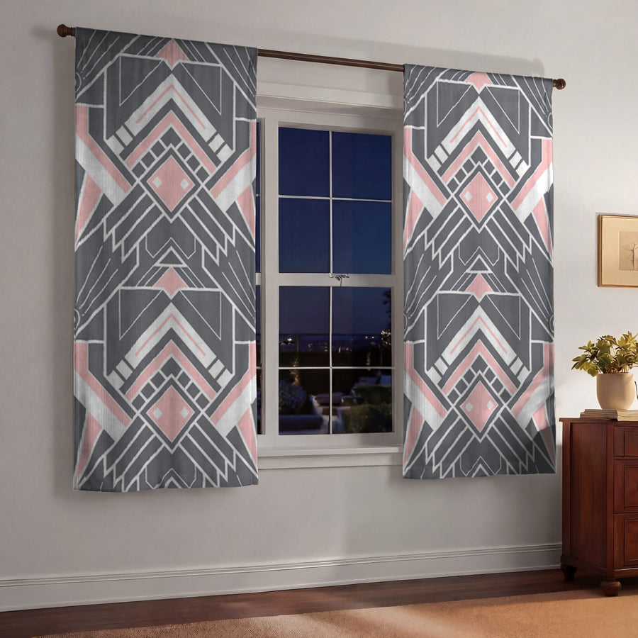 Gray and Pink Geometric Tile Pattern Window Curtains