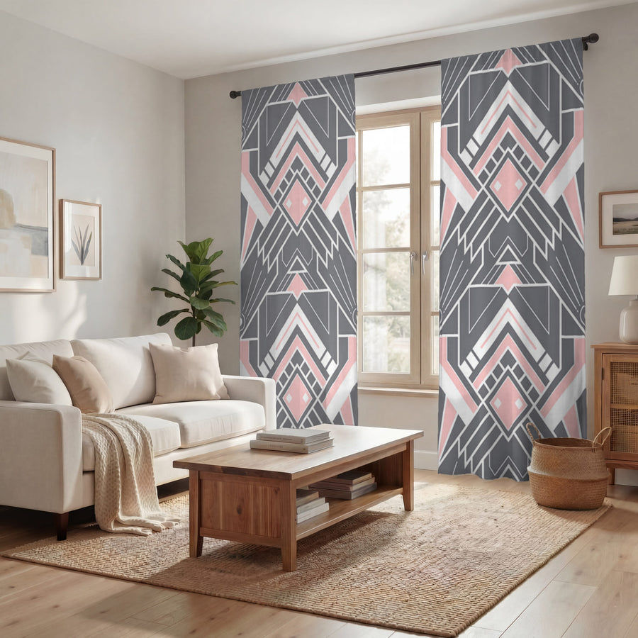 Gray and Pink Geometric Tile Pattern Window Curtains