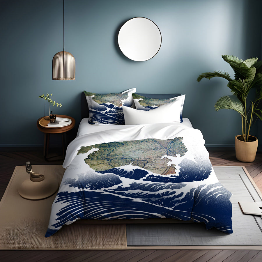 Blue Coastal Wave Map Artwork Duvet Cover