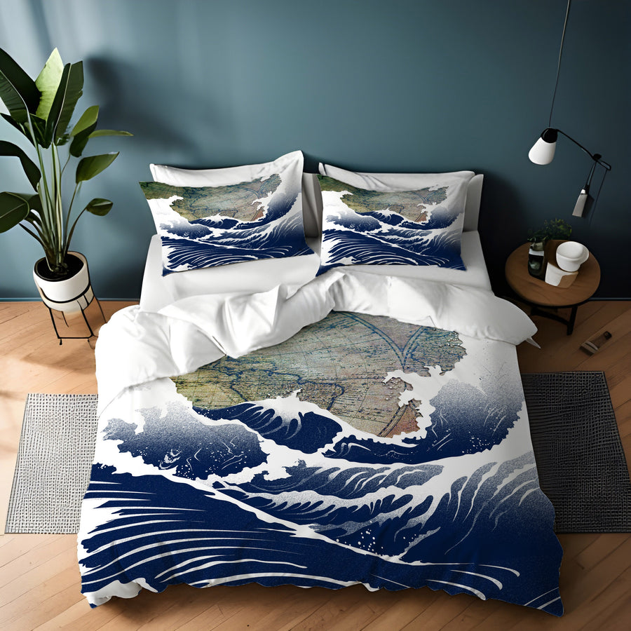 Blue Coastal Wave Map Artwork Duvet Cover