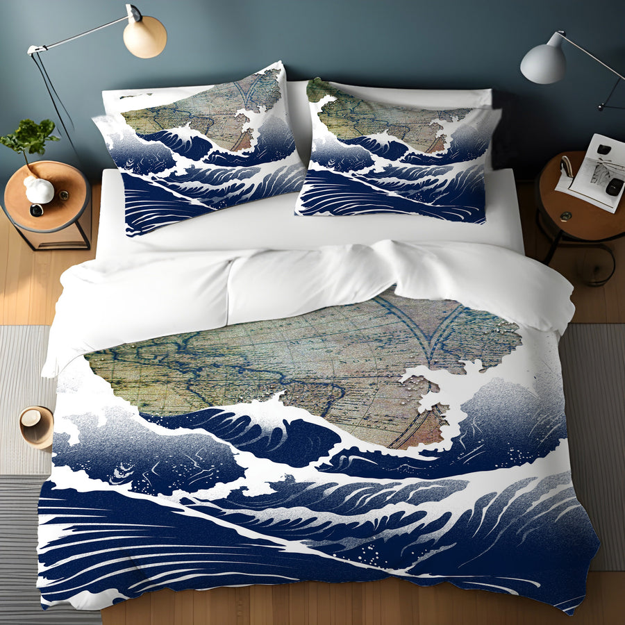 Blue Coastal Wave Map Artwork Duvet Cover