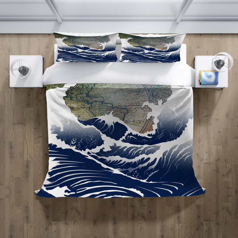 Blue Coastal Wave Map Artwork Duvet Cover