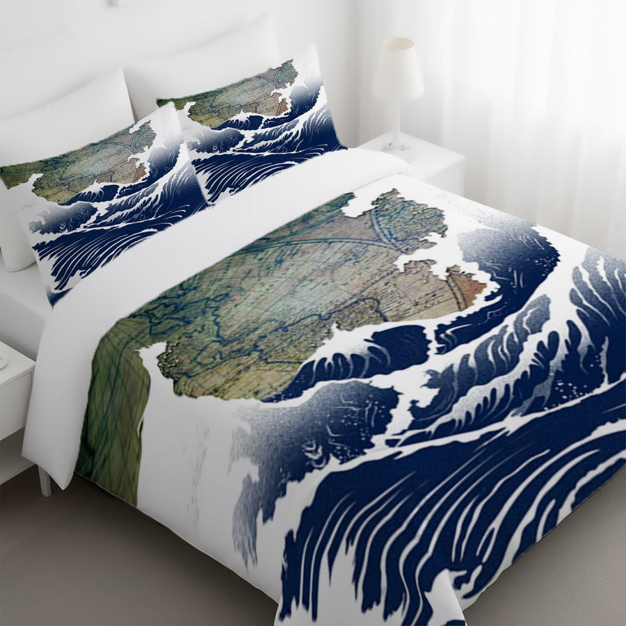 Blue Coastal Wave Map Artwork Duvet Cover