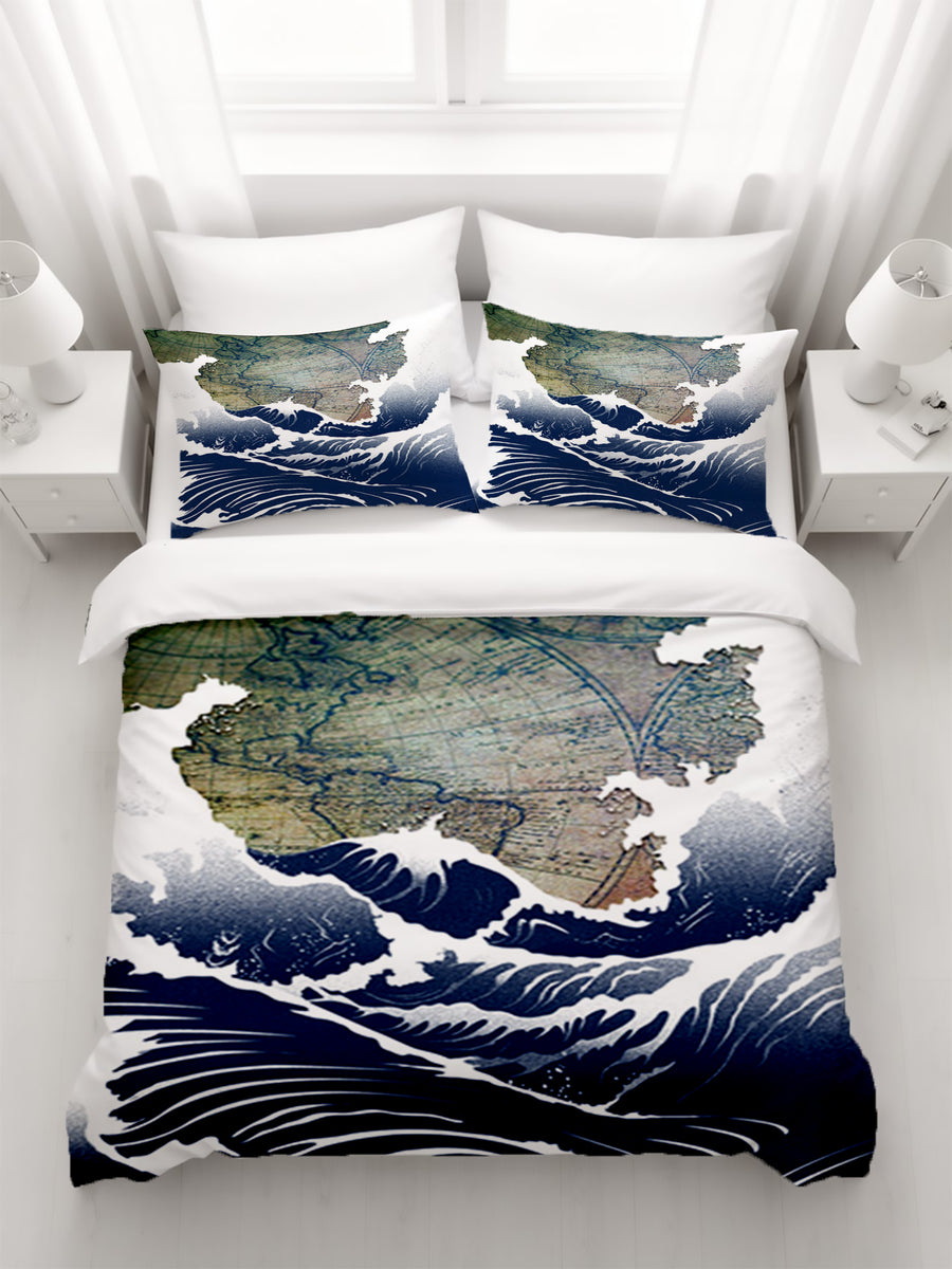 Blue Coastal Wave Map Artwork Duvet Cover